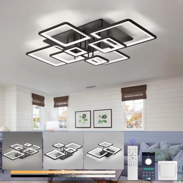 Imagem de Luminária de teto retangular LED preta com intensidade regulável e controle remoto. Ideal para sala de estar, quarto, cozinha, sala de jantar, escritório e corredor (8 lâmpadas).