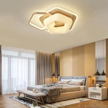 Imagem de Luminária de teto moderna em LED para ambientes internos, estilo creme, com acabamento em madeira, ideal para quartos, com intensidade de luz ajustável, design geométrico em acrílico e contr