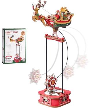 Imagem de ROBOTIME Quebra-cabeça de madeira 3D com balanço de rena para adultos - um kit de modelo de artesanato de madeira relaxante e criativo para construir uma elegante exibição de Natal para decoração de
