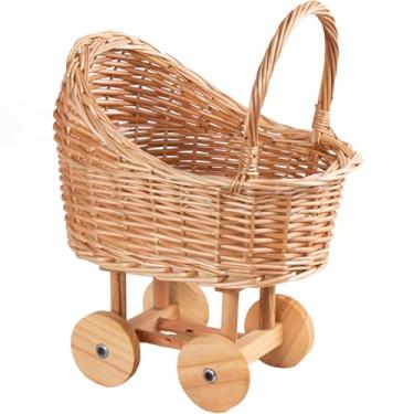 Imagem de Cesta de flores em forma de carrinho de bebê de vime, vintage, para arranjos florais, chá de bebê, decoração de festa de casamento, adereços de fotografia, decoração de casa rústica floral (mini cáqui