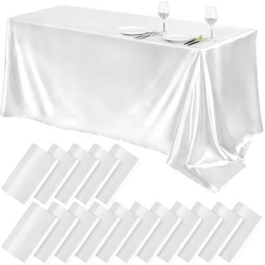 Imagem de TURSTIN Pacote com 16 toalhas de mesa de cetim branco, 250 x 137 cm, sobreposição de cetim, toalha de mesa retangular de seda brilhante, decoração de mesa de tecido liso para festas de banquete de