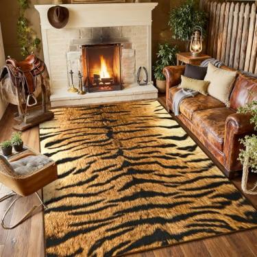 Imagem de B BENRON Tapete de tigre premium, tapetes com estampa de animais selvagens para sala de estar, quarto, 1,2 x 1,8 m, antiderrapante, lavável na máquina para decoração de sala de casa, marrom