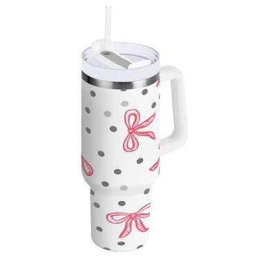 Imagem de SEHANY Copo fofo com laço rosa de 1,134 g com alça, copo isolado de aço inoxidável a vácuo de parede dupla, à prova de vazamento, caneca de café isolada para viagem cabe no suporte de copo de carro