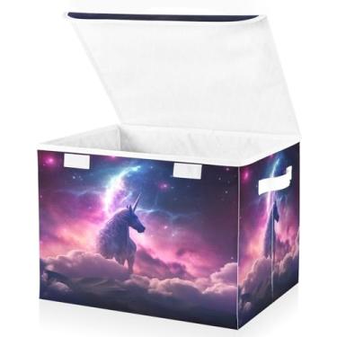 Imagem de Blueangle Cestos de armazenamento Galaxy Horse com tampas, 42 x 32 x 30 cm, grande cesta organizadora dobrável para decoração de casa e escritório (474)