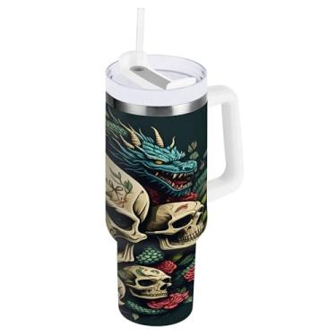 Imagem de SEHANY Copo Skull Gothic de 850 g com alça, copo isolado de aço inoxidável a vácuo de parede dupla, à prova de vazamento, copo de viagem isolado cabe no suporte de copo de carro