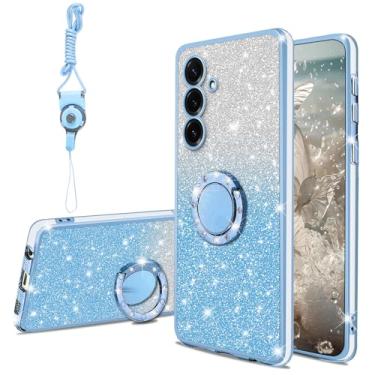 Imagem de Capa de celular para Samsung S25 Plus, Galaxy S24 Plus 17.0 cm linda brilhante brilhante fina TPU brilhante brilhante com suporte e alça, capa protetora feminina à prova de choque para S24+/S25+, azul