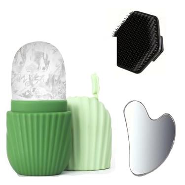 Imagem de Conjunto de 3 peças de massagem para cuidados faciais, incluindo molde de máscara facial de gelo, escova de massagem de limpeza de silicone e uma placa Gua Sha de aço inoxidável para massagem facial e
