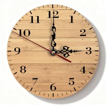 Imagem de Relógio de parede de madeira clara, silencioso, sem tique-taque, operado por bateria para sala de estar, quarto, cozinha – design rústico simples, 19 cm