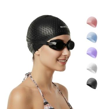 Imagem de KUKASEN Touca de natação de silicone para mulheres com cabelo comprido – Design antiderrapante 3D, touca de banho durável e resistente a rasgos à prova d'água para adultos (preto)