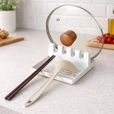 Imagem de Descanso de colher de cozinha de plástico com almofada de gotejamento e suporte de tampa de panela, descanso de vários utensílios para conchas, pinças, espátula de cozinha, utensílio de cozinha (preto