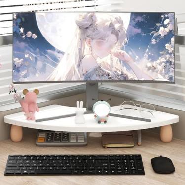 Imagem de ZDJZMGZ Suporte para monitor de canto canto curvado com perna de madeira maciça, suporte para laptop/computador/tela de escritório, teclado e mouse de armazenamento de mesa, design ergonômico (cor