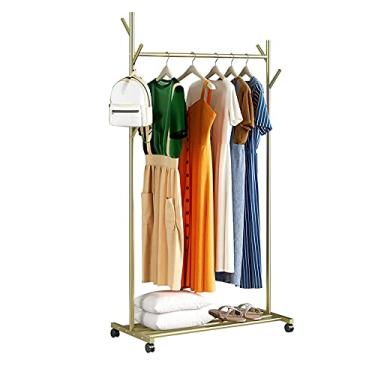Imagem de SGeneE Trilhos de roupas resistentes, prateleiras de exibição de roupas independentes para armazenar caixas de sapatos, prateleiras de secagem de tubos industriais com ganchos e polias, douradas, 60