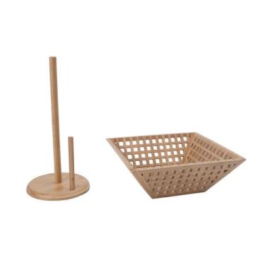 Imagem de Kit com fruteira vazada de bambu e porta papel toalha de bambu - Oikos