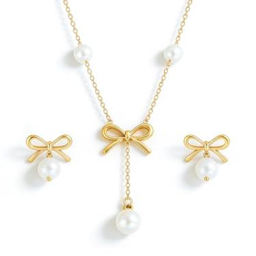 Imagem de Conjunto de colar de brincos de laço para mulheres, brincos hipoalergênicos de ouro 18 k e pingente de pérola, caixa de presente de joias incluída, presente ideal para namorada, aniversário de