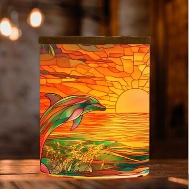 Imagem de Pote de vela de vidro manchado golfinho com suporte de vela de luz de chá, suporte de luz de chá de vidro para paisagem marítima, frasco de luz de LED cintilante, castiçais de tealight do nascer do