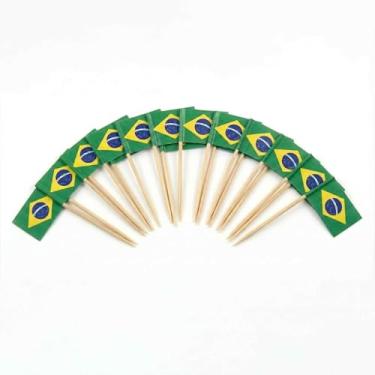 Imagem de 120 palhetas de coquetel com bandeira do Brasil - palitos de bambu de 6,5 cm (2,5 pol) com mini bandeiras - palitos de enfeite de comida e bebida resistentes para festas, bares, catering e eventos