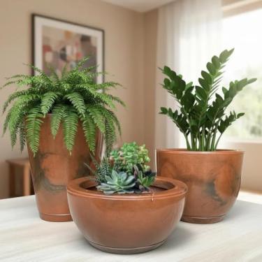 Imagem de Kit Jogo 3 Vasos Luxo Marmorizados Polietileno Planta Flor Jardim Varanda Moderno Elegante (Marrom)