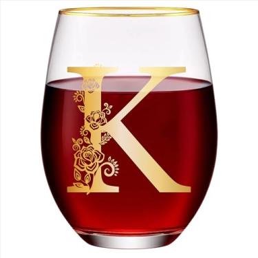 Imagem de Taça de vinho com monograma floral sem haste exclusiva gravada com inicial para tinto ou branco 425 g copo de vinho letra K - presentes para mulheres, homens, presentes de aniversário, Natal,