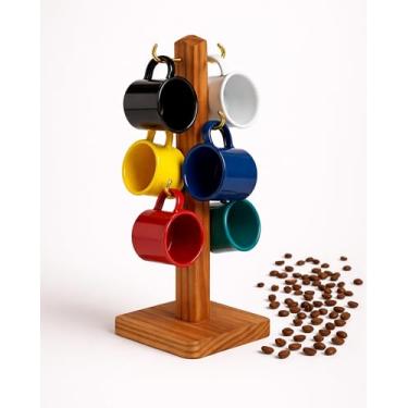 Imagem de Jogo 6 Canequinha 100ml Caneca Café Suporte Madeira Alumínio