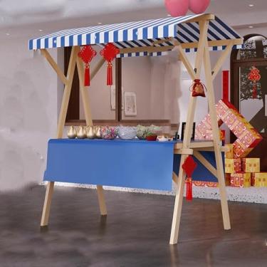 Imagem de Carrinho de comida dobrável móvel sobre rodas, carrinho de mão de vendedor de rua de madeira para cachorros-quentes e lanches, suporte de exibição portátil para mercado externo (azul, 150 cm/59)