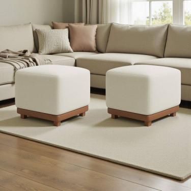 Imagem de Kit 2 Puffs Dalilla Bouclé Premium Exclusivos Assento Extra Para Sala Quarto Base Peroba Pés Castanho Design Moderno