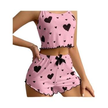 Imagem de Conjunto De Pijama Feminino Com Estampa De Coração Para O Verão, Ajust
