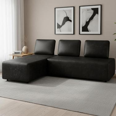 Imagem de Sofá 3 Lugares Com Chaise 222cm Rovier Sintético Preto Z32 - Mpozenato