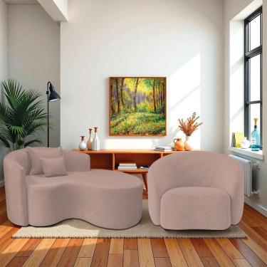 Imagem de Kit Recamier Curvo Sala De Estar 150cm Lado Direito E Poltrona Orgânica Luxo Amore Linho Rosê