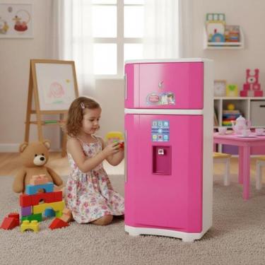 Imagem de Geladeira Infantil Duplex Rosa Brinquedo Cozinha Simulação Acessórios 