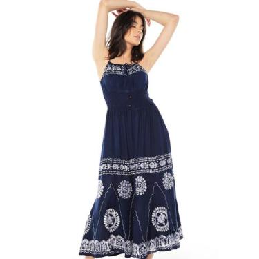 Imagem de Vestido feminino longo estampado tamanho G tecido viscose cor azul mar