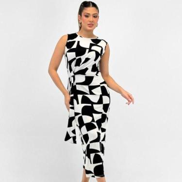 Imagem de Vestido Malwee Midi Regata Estampado Feminino, M, Preto, Geometrico