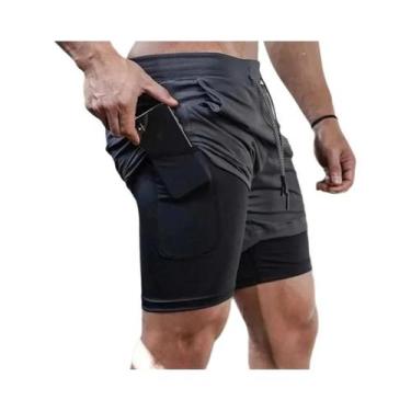 Imagem de Shorts De Ginástica Masculinos 2 Em 1 Com Estampa Camuflada, Secagem R