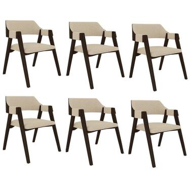 Imagem de Kit 6 Cadeiras Poker para Sala de Jantar Madeira Maciça Linho Offwhite e Capuccino Gran Belo