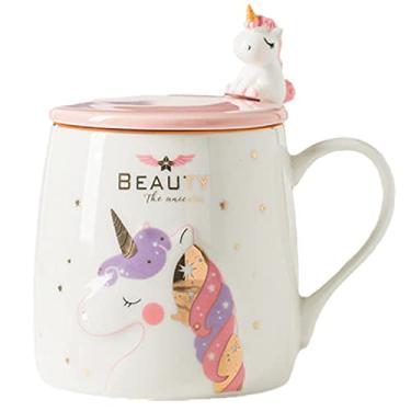 Imagem de seelucky Caneca de unicórnio com tampa de colher caneca Mlik de desenho animado infantil estilo nórdico xícara de café xícara de chá presente escritório casa (estrelas roxas de unicórnio, 380 ml)