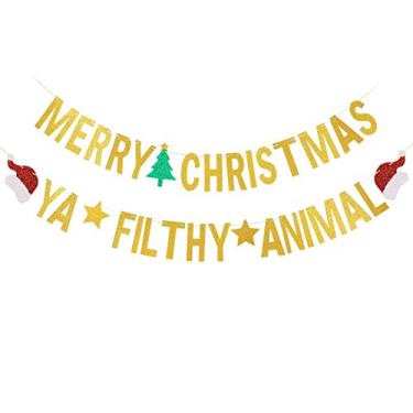 Imagem de Banner dourado com glitter de Feliz Natal e dourado com glitter Ya Filthy Animal Banner - Decoração de festa de Natal, decoração de festa de Natal, decoração de casa de manto, decoração de placa de Natal