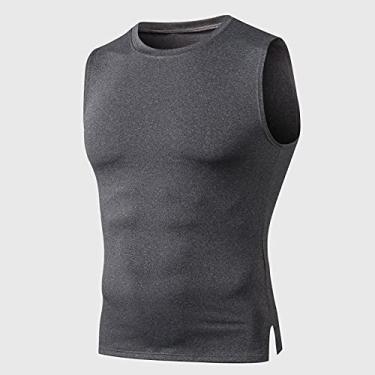 Imagem de Colete esportivo masculino cor sólida O pescoço elástico de secagem rápida com bainha para corrida academia fitness regata camiseta(Large)(Cinza)