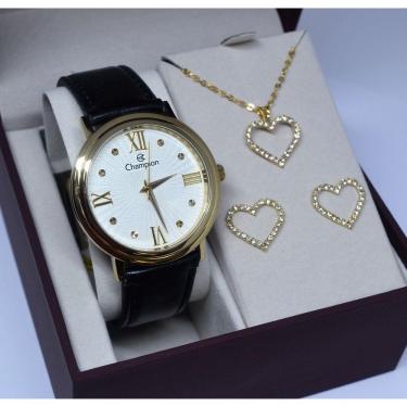 Imagem de Relogio Champion Dourado Couro Ch22822w + Kit Semi Joia