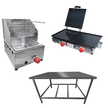 Imagem de Kit Lanchonete Mesa de Manipulação 100x55cm + Fritadeira a Gás 1 Cuba + Chapa a Gás 60cm Alcamar