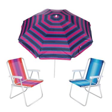 Imagem de Kit Guarda Sol 1,8m Ipanema Pink 2 Cadeira Alta Alumínio  Praia Piscina Camping - Tobee