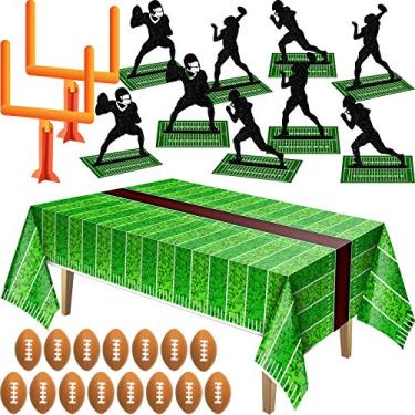 Imagem de 22 peças temáticas de futebol decorações de festa, meta de futebol 3D poste jogador silhueta peças centrais futebol bola estresse toalha de mesa campo para presentes de aniversário