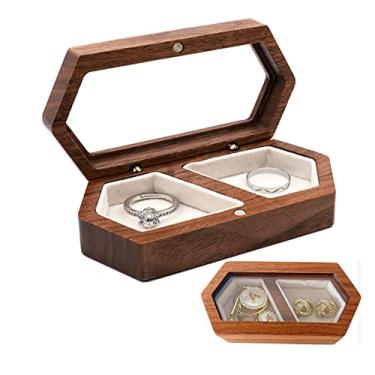 Imagem de Caixa de anel para cerimônia de casamento, caixa de porta-anéis de madeira, caixa de anel de veludo para aderência, caixa de exibição de joias para 2 anéis de casamento, caixa de presente de dia dos namorados