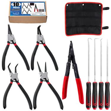 Imagem de Glarks Conjunto de 10 alicates de anel de pressão incluindo 4 peças de alicates de 17 cm interno/externo de anel de pressão com 4 peças de ganchos e conjunto de palhetas e anel de trava de 22 cm alicates de arruela de ferradura com 1 peça de saco de armazenamento