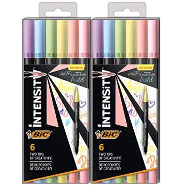 Imagem de BIC Pacote com 12 canetas de feltro para colorir de ponta dupla Intensity com ponta fina de 0,7 mm e pincel flexível em tons pastel
