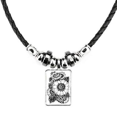 Imagem de DIYthinker Colar de girassol preto e branco com pingente de corda de couro de torque