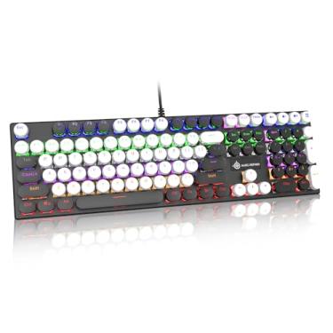 Imagem de Teclado mecânico retrô com fio estilo máquina de escrever, teclado Steampunk vintage com retroiluminação arco-íris, interruptor vermelho de 104 teclas com teclado numérico, teclas redondas para