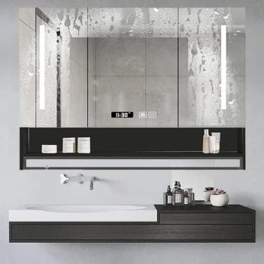 Imagem de Armário de remédios para banheiro de 36" x 28" com luzes, armário de banheiro antiembaçante com barra de toalha, armário de espelho iluminado com armazenamento e iluminação LED, preto, 32 x