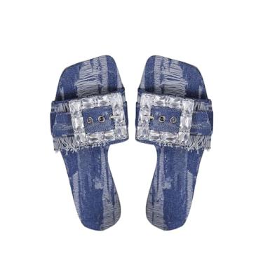 Imagem de Verdusa Sandália jeans feminina de bico quadrado com fivela casual para uso ao ar livre, Azul, 36
