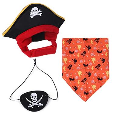 Imagem de XIAOYU Conjunto de 3 peças de fantasia de pirata de cachorro de Halloween chapéu pirata de pirata bandana triangular e pirata venda para cachorro gato cosplay de Halloween, laranja