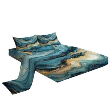 Imagem de Eojctoy Jogo de lençol solteiro - Lençóis de cama respiráveis ultra macios - Lençóis escovados de luxo com bolso profundo - Microfibra azul dourado e mármore padrão de roupa de cama enrugado, cinza
