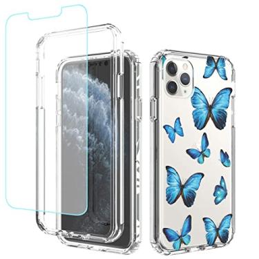 Imagem de sidande Capa para iPhone 11 Pro Max com protetor de tela de vidro temperado, capa protetora fina de TPU floral transparente para Apple iPhone 11 Pro Max de 6,5 polegadas (borboleta)